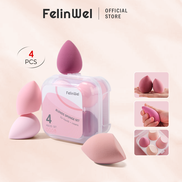 FelinWel - 4 Pack Beauty Blender Foundation Sponges Set, 4 Colors, with 1 Sponge Holder Case