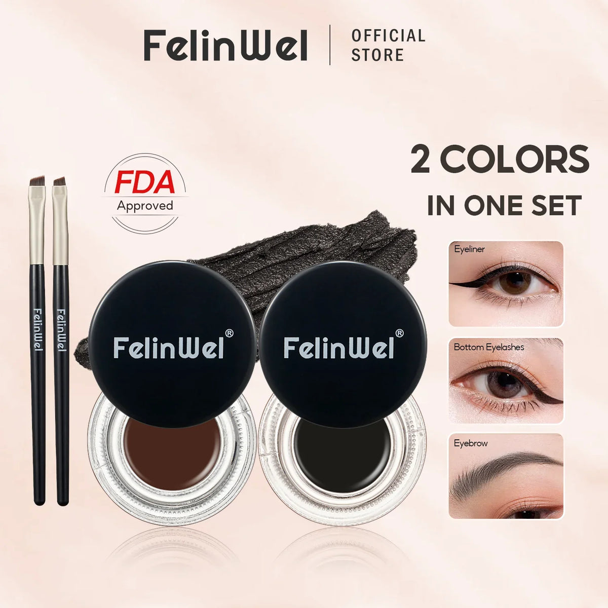 FelinWel 2-in-1 Gel Eyeliner & Brow Set – Waterproof, Brushes Included