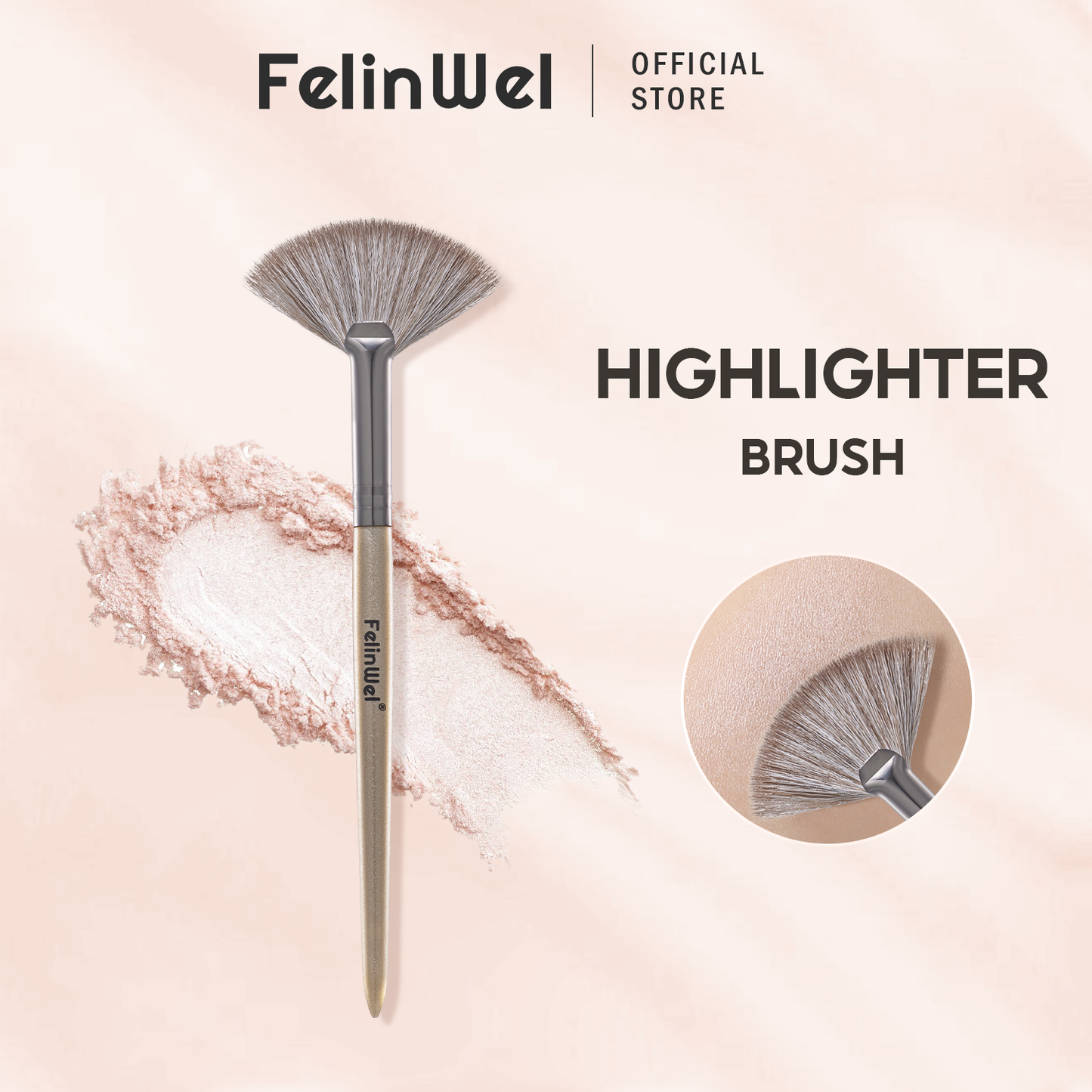 FelinWel - Fan-shaped Highlighter Brush, Soft, Skin-friendly, Multifunctional, Vegan Bristles, No Shedding, Durable