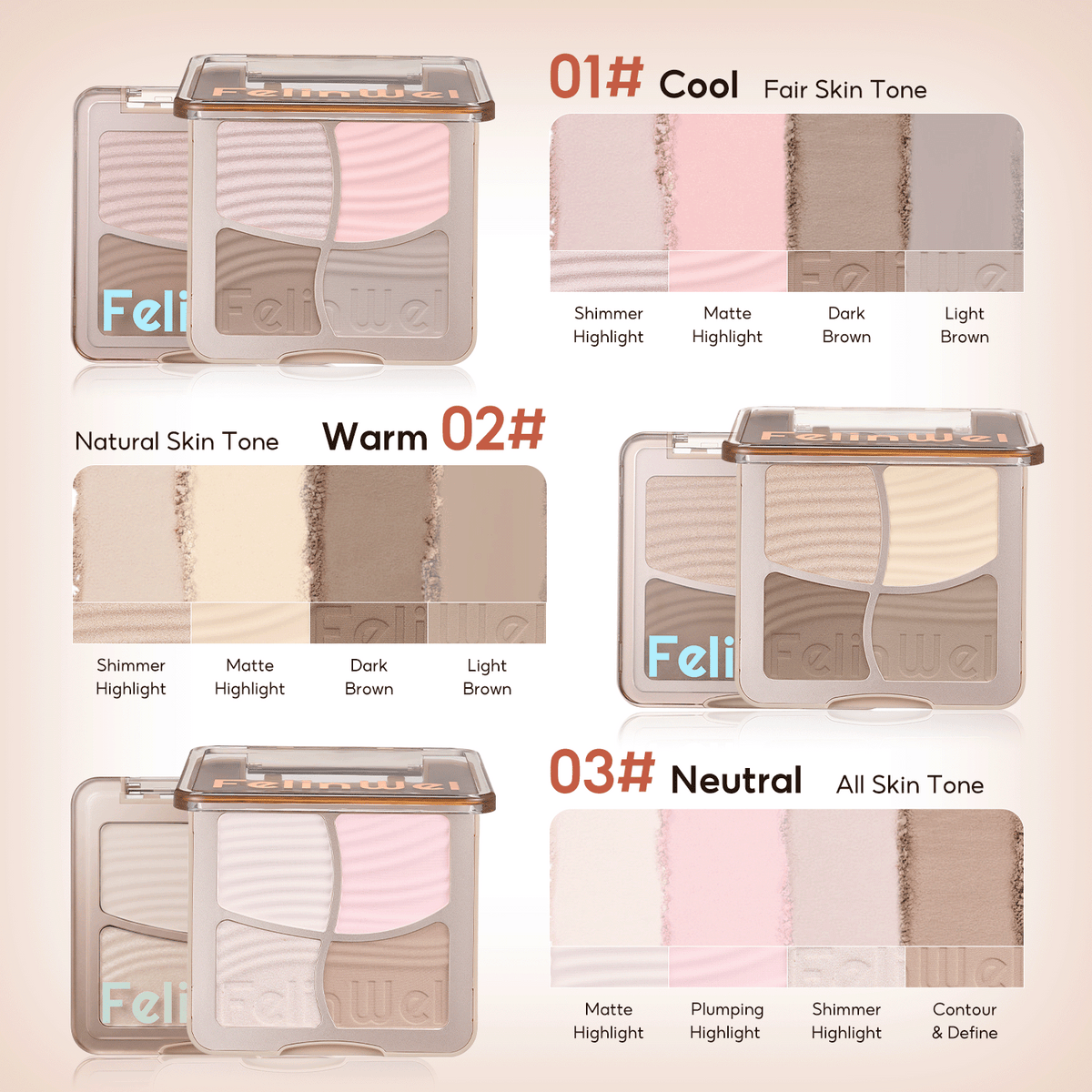 FelinWel 4-in-1 Face Palette – Contour, Bronzer, Blush & Highlighter