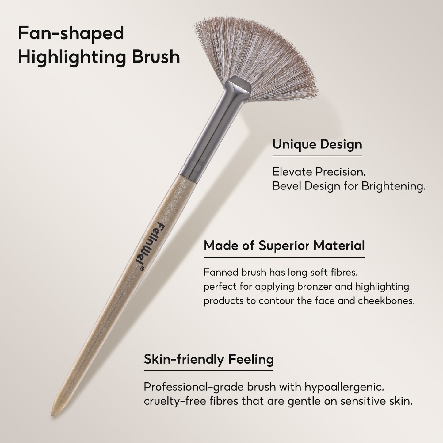 FelinWel - Fan-shaped Highlighter Brush, Soft, Skin-friendly, Multifunctional, Vegan Bristles, No Shedding, Durable