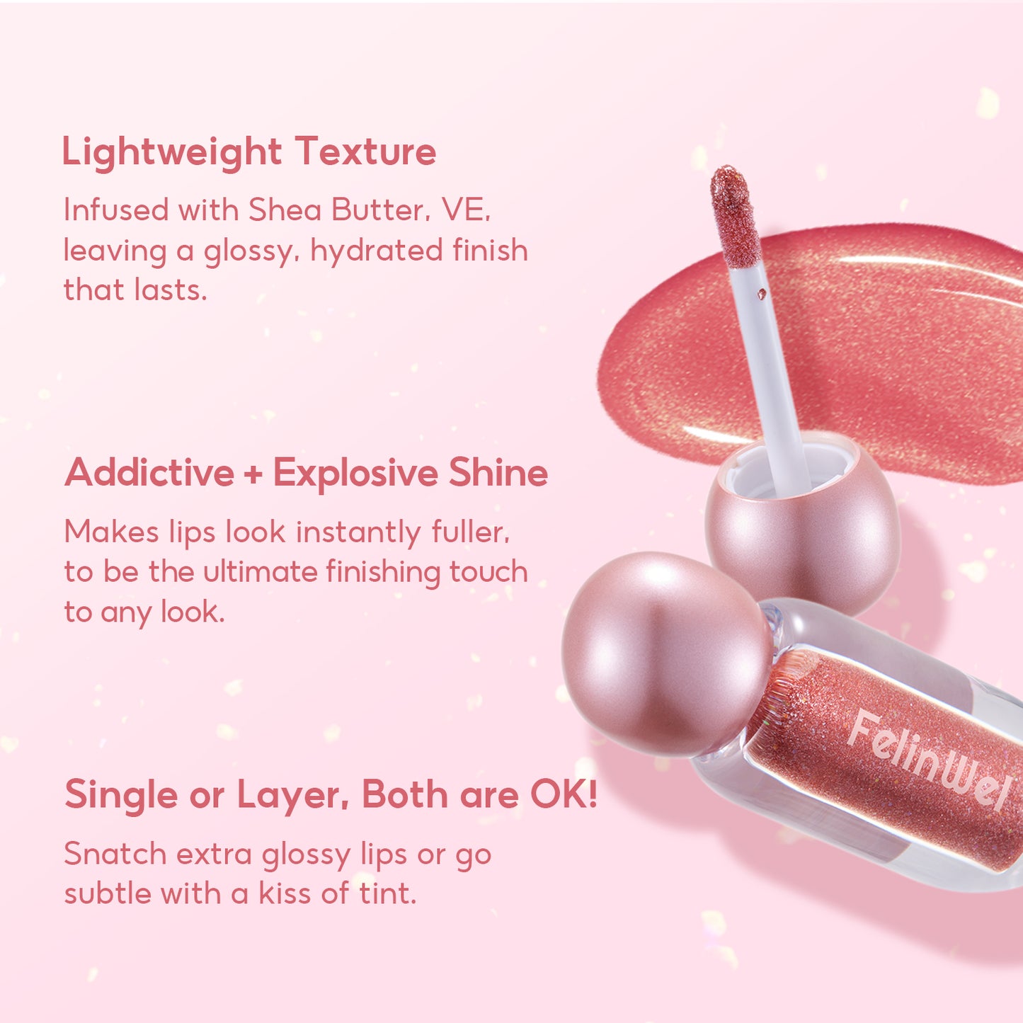 FelinWel Super Sparkly Lip Gloss, Shining and Nourishing, Fresh Texture, Buildable Formula, One for Multipurpose