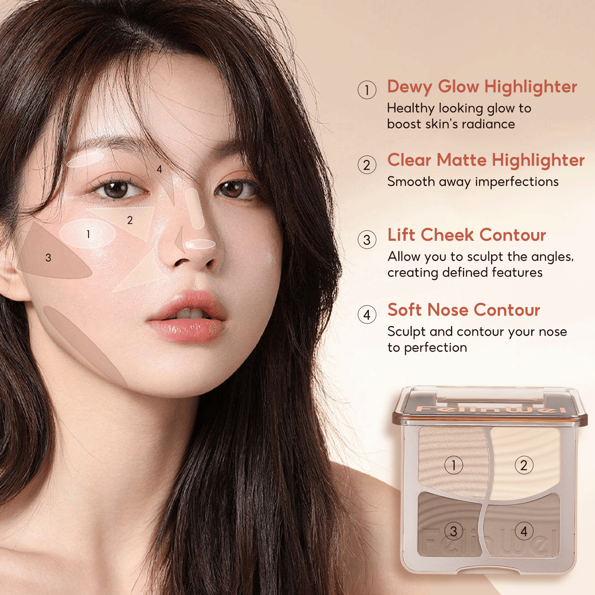 FelinWel 4-in-1 Face Palette – Contour, Bronzer, Blush & Highlighter