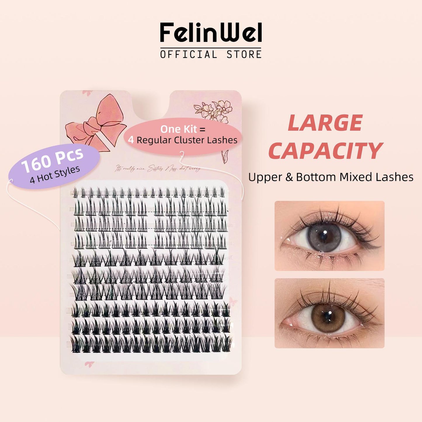 FelinWel - 4 Styles Upper & Bottom Cluster Lashes Extensions, Large Capacity 160 Pcs DIY False Eyelashes Individual Reusable Soft Natural
