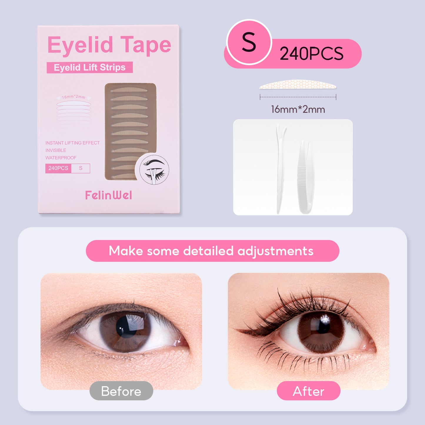FelinWel - Invisible Double Eyelid Tape Stickers, Eyelid Tape for Hooded Eyes, Self-Adhesive, Waterproof, 2 Types Available