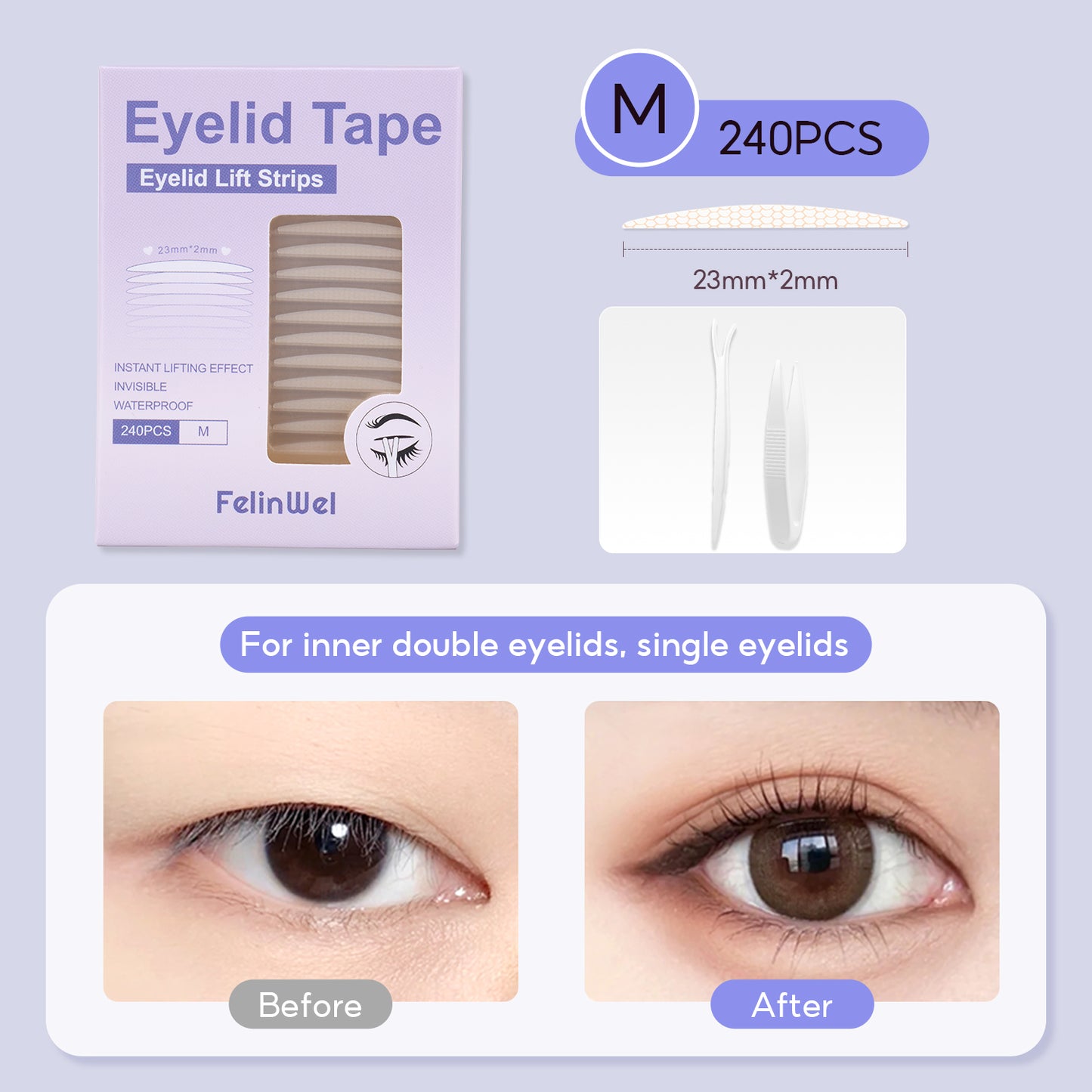 FelinWel - Invisible Double Eyelid Tape Stickers, Eyelid Tape for Hooded Eyes, Self-Adhesive, Waterproof, 2 Types Available