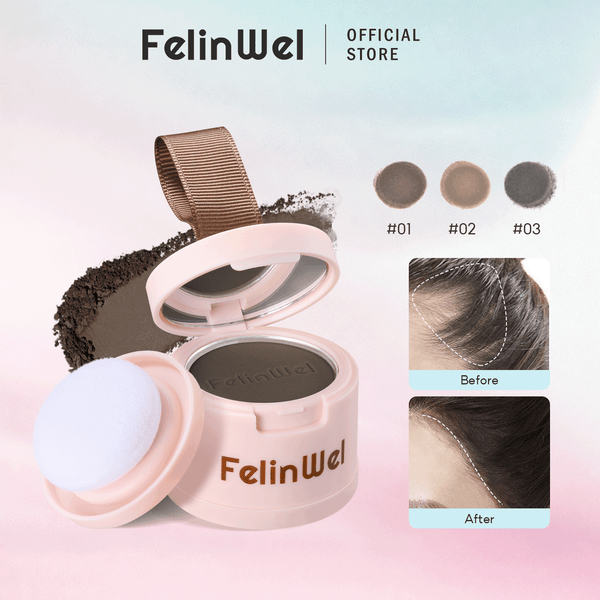 FelinWel Hairline Shadow Powder compact open with its puff and mirror, three shade swatches, and a before-and-after hairline comparison