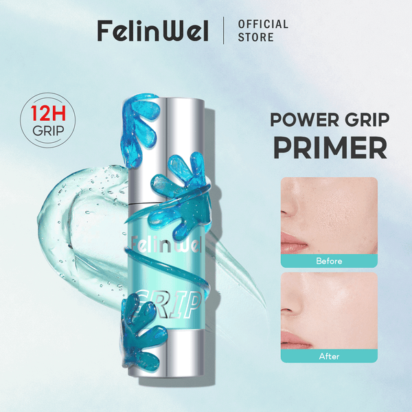 FelinWel Power Grip Primer bottle wrapped in blue gel, with a 12-hour grip claim and before-and-after skin close-ups
