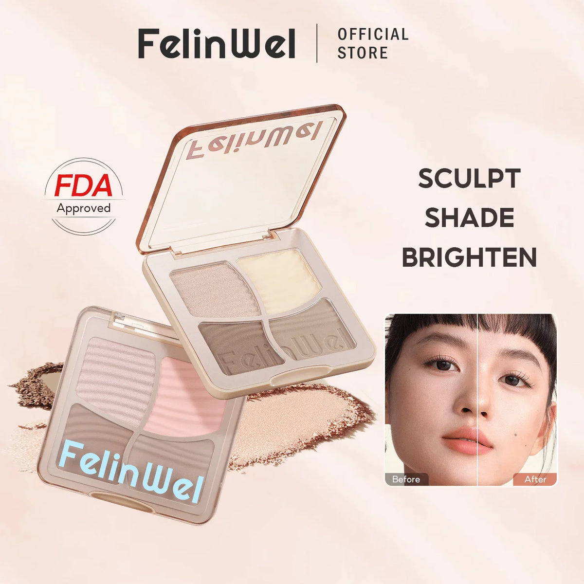 FelinWel 4 Colors Highlighter Contour Palette Makeup 3D Bronzer Matte Powder