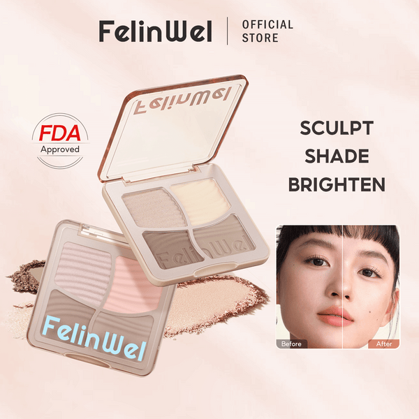 FelinWel 4 Colors Highlighter Contour Palette Makeup 3D Bronzer Matte Powder