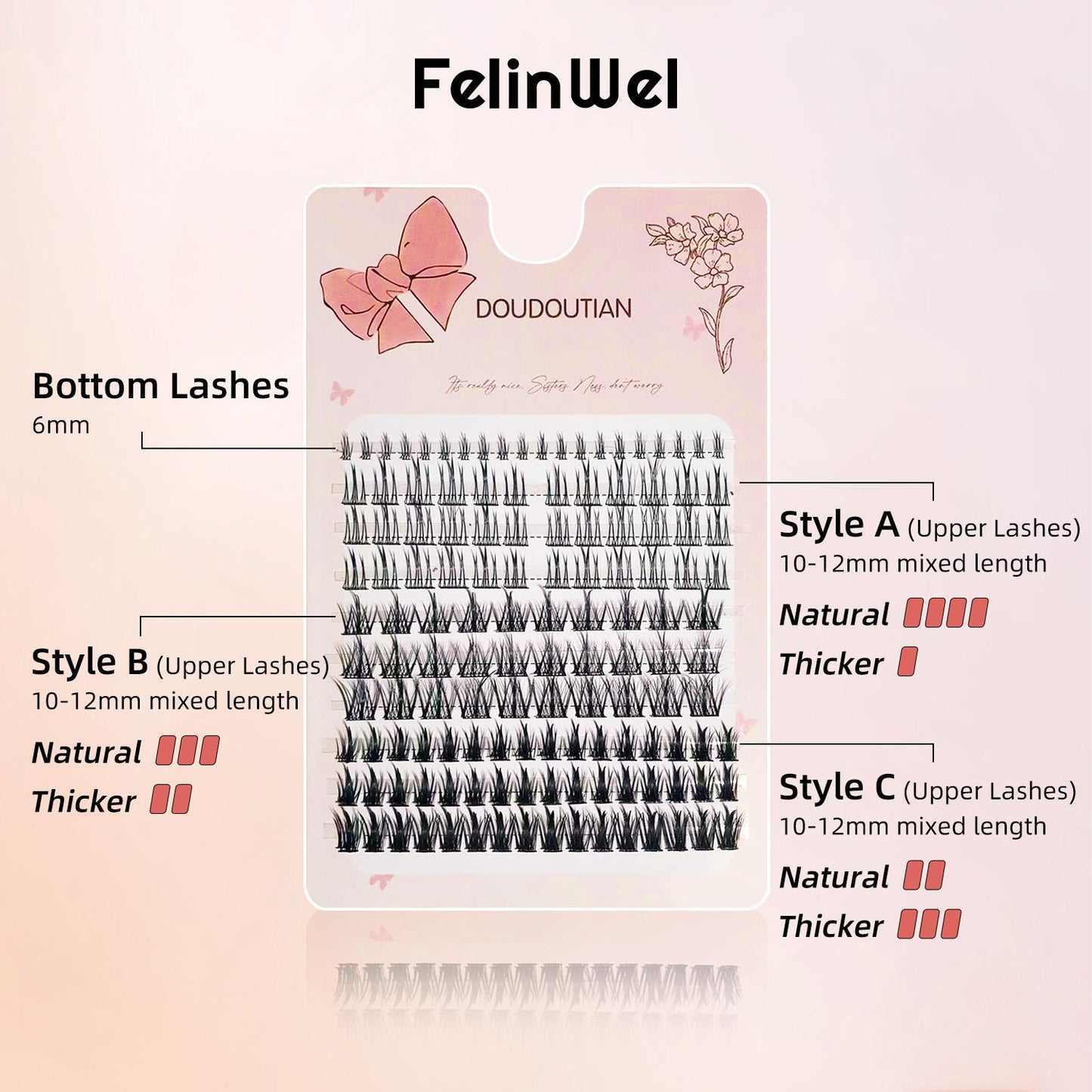 FelinWel - 4 Styles Upper & Bottom Cluster Lashes Extensions, Large Capacity 160 Pcs DIY False Eyelashes Individual Reusable Soft Natural