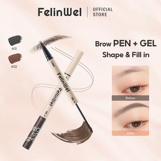 FelinWel Dual-Ended Brow Pen & Mascara - Waterproof Eyebrow Pencil with 2-Fork Tip & Tinted Brow Gel for Fuller Brows