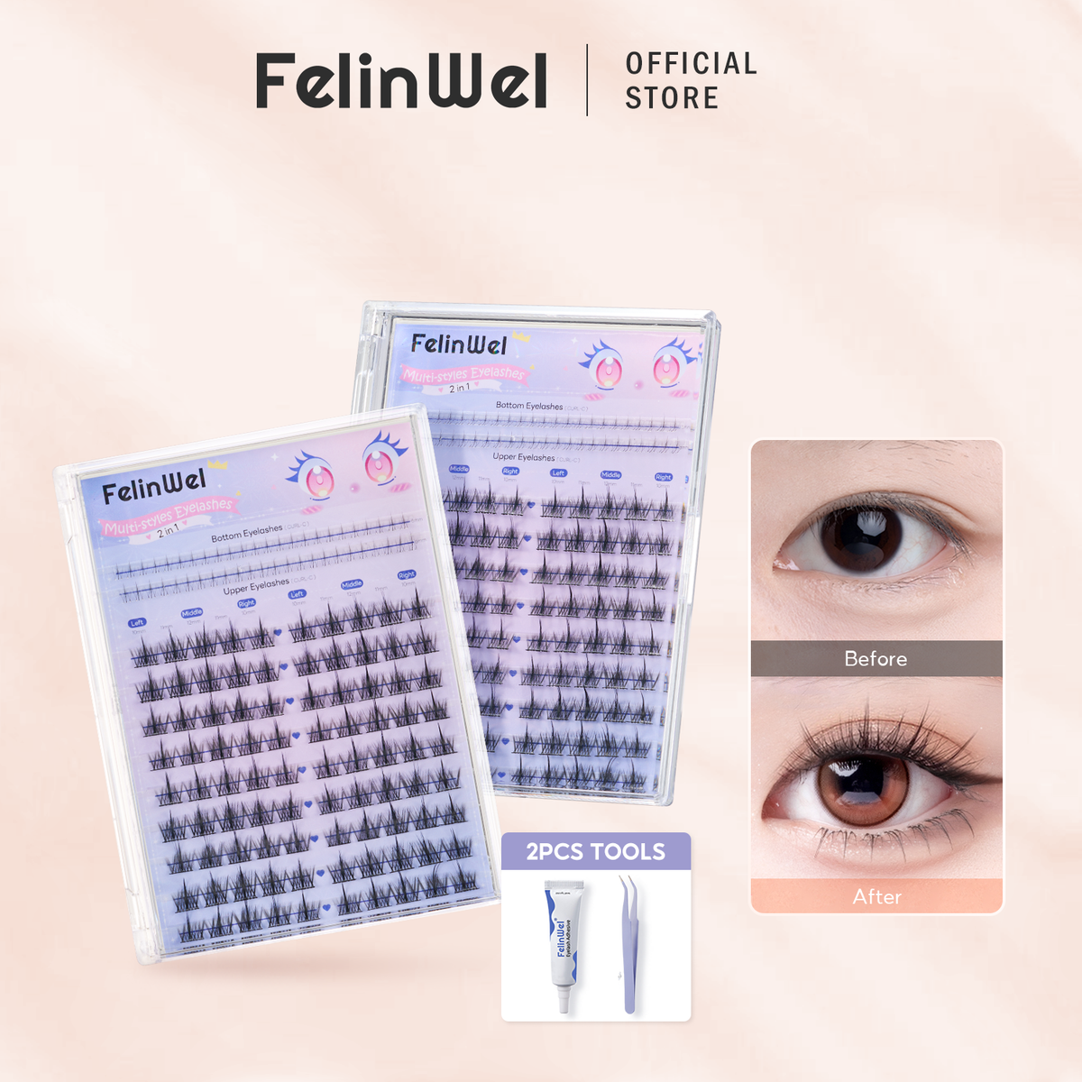 FelinWel 2 Styles Upper & Bottom Cluster Lashes Extensions Sunflower & Flame Style
