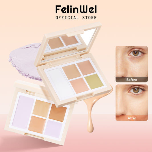 FelinWel Color Corrector Palette for Dark Circles, Redness & Blemishes, Creamy Concealer + Setting Powder with Hydrating Ingredients, 12H Crease-Proof Wear