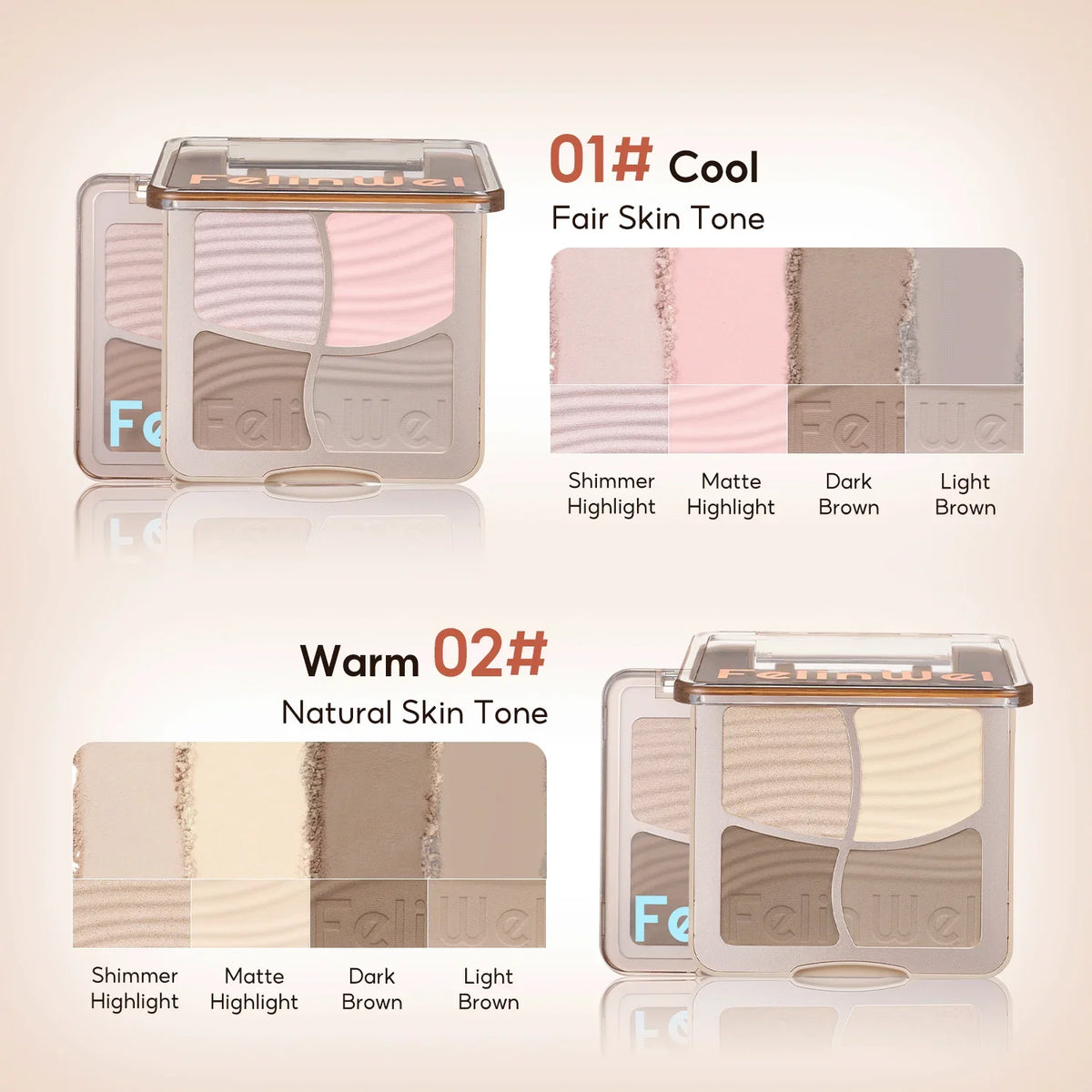 FelinWel 4 Colors Highlighter Contour Palette Makeup 3D Bronzer Matte Powder