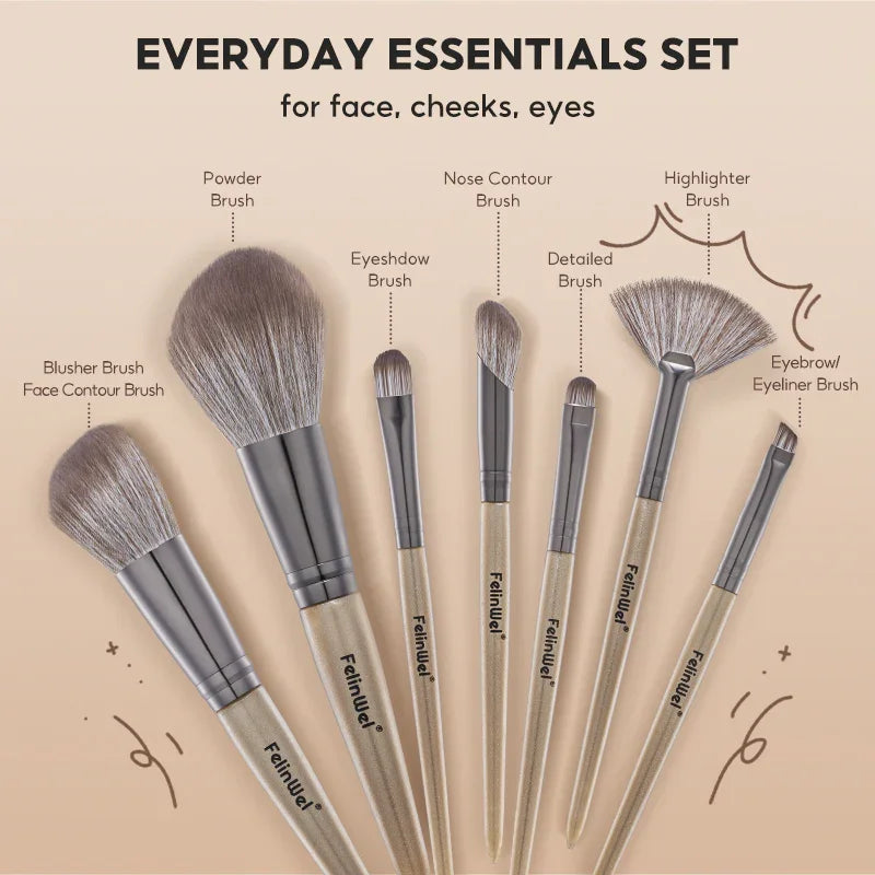 FelinWel 7 Pcs Professional Makeup Brushes Set Cruelty-Free Vegan with Optional Bag