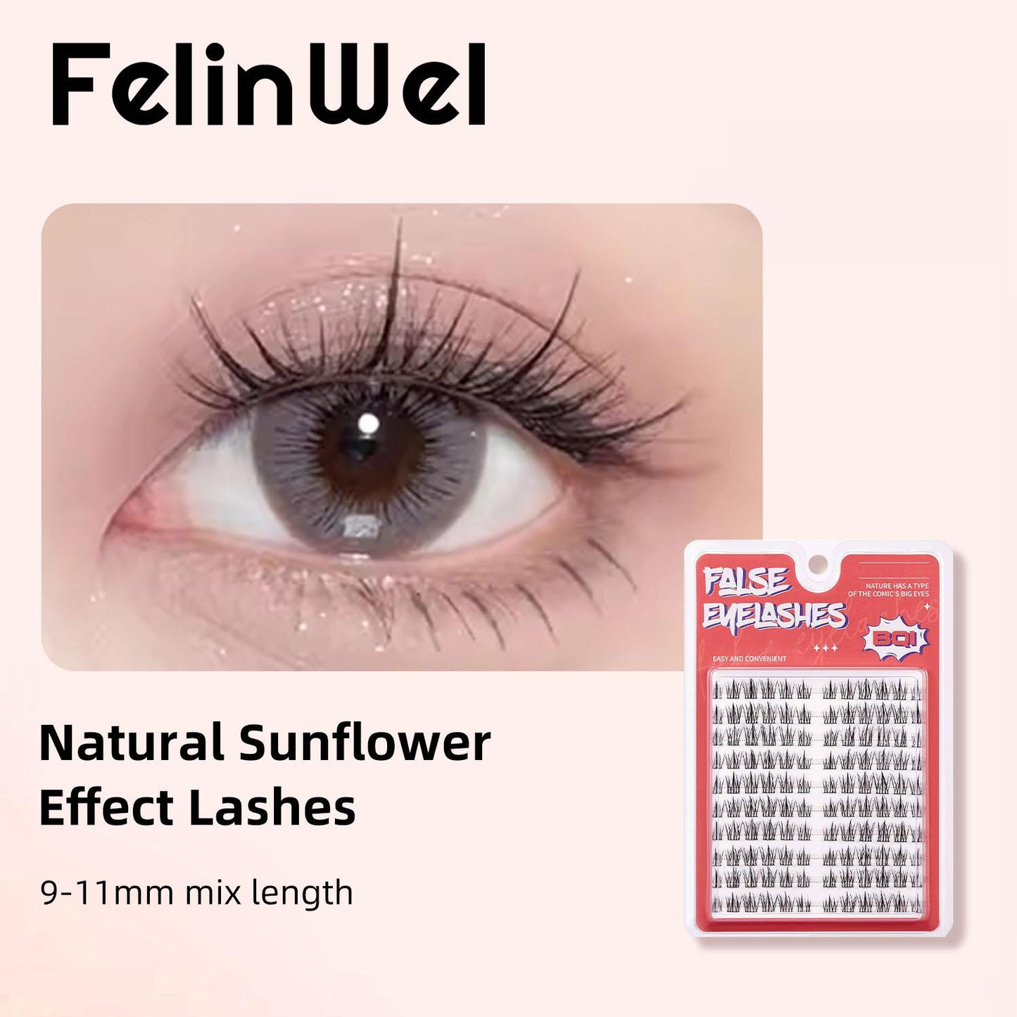 FelinWel - Sunflower & Fox Eye Effect Fluffy Cluster Lashes, Large Capacity Mixed 3D Effect Lash Clusters, DIY Lash Extension Self Application At Home