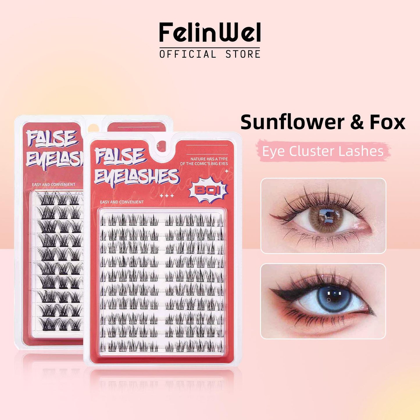 FelinWel - Sunflower & Fox Eye Effect Fluffy Cluster Lashes, Large Capacity Mixed 3D Effect Lash Clusters