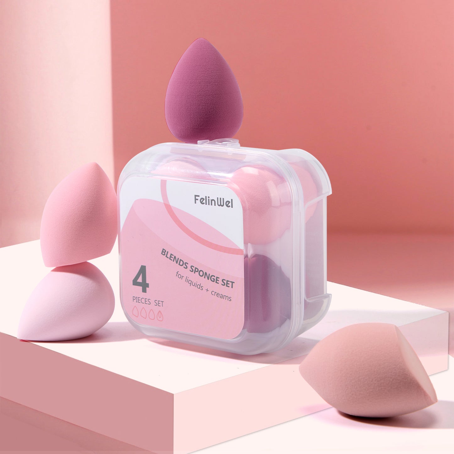 FelinWel - 4 Pack Beauty Blender Foundation Sponges Set, 4 Colors, with 1 Sponge Holder Case