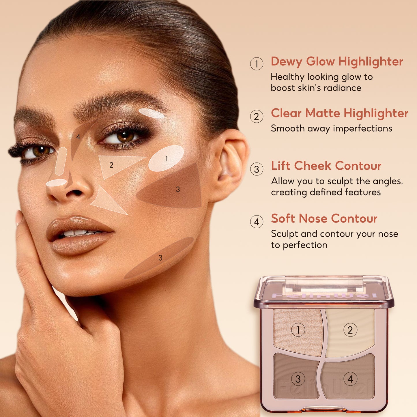 FelinWel 4 Colors Highlighter Contour Palette Makeup 3D Bronzer Matte Powder