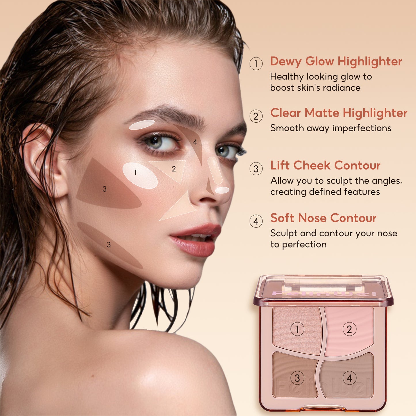 FelinWel 4 Colors Highlighter Contour Palette Makeup 3D Bronzer Matte Powder