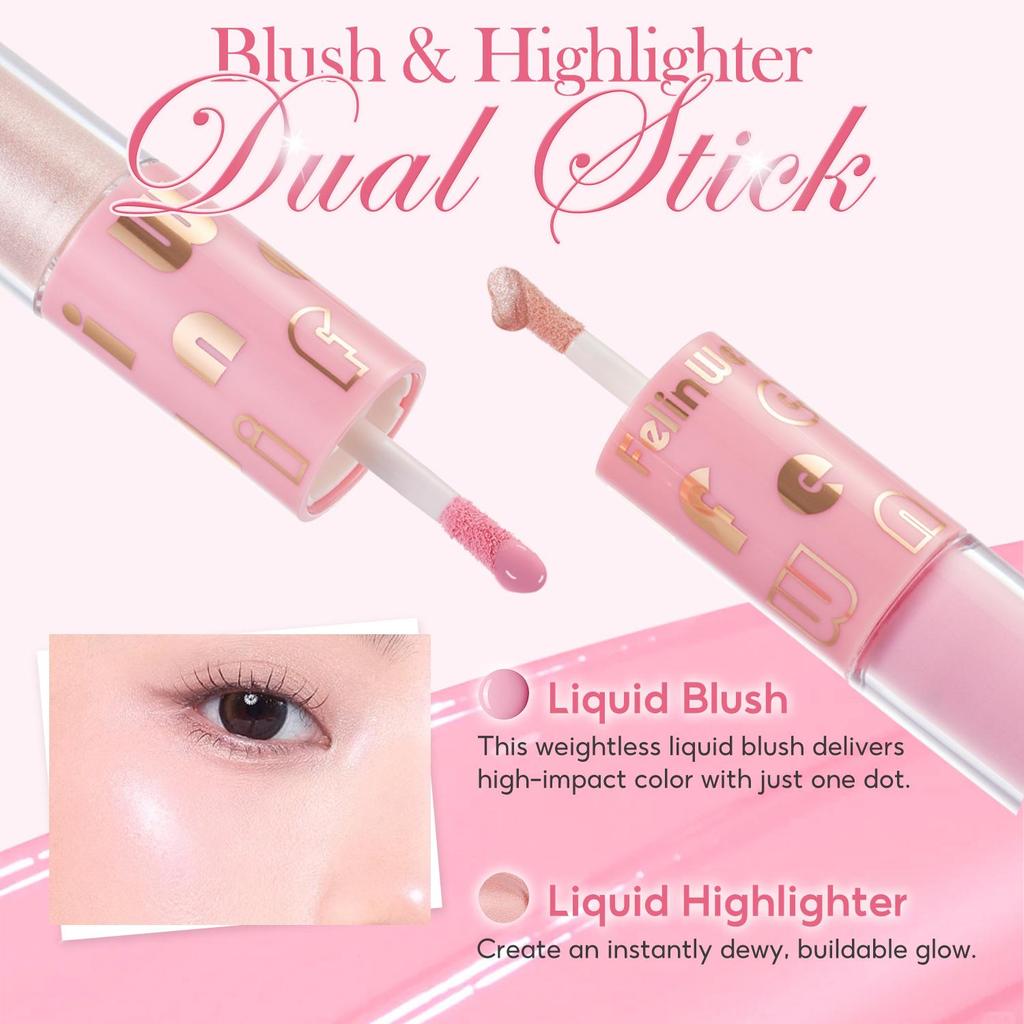 FelinWel Super Dewy Blush & Highlighter, Dual-ended Stick, Liquid, Weightless, Blendable, Dewy Glow