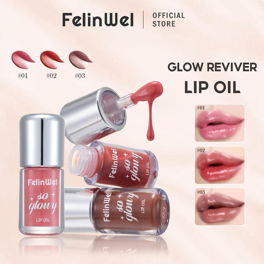 FelinWel - Moisturizing Lip Oil with Glossy and Sheer Finish, Blur-Glowy Texture, Nourishing Ingredients, Smooth, Light-weight and Comfortable, 3 Shades