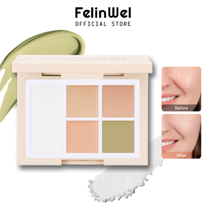 FelinWel Color Corrector Palette for Dark Circles, Redness & Blemishes, Creamy Concealer + Setting Powder with Hydrating Ingredients, 12H Crease-Proof Wear