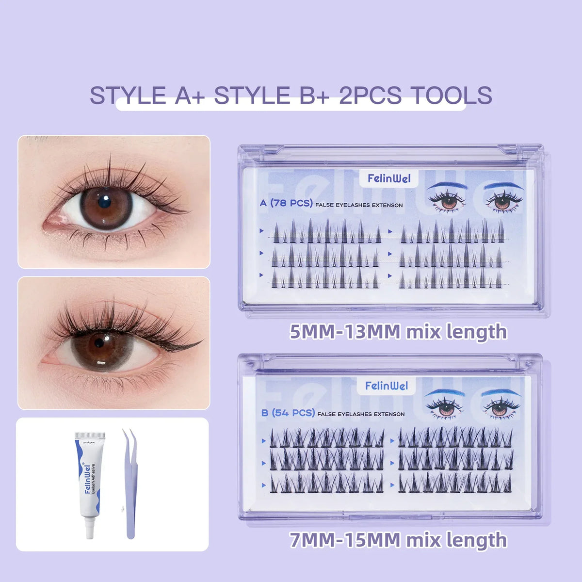 FelinWel False Cluster Eyelashes Extension with Glue & Lashes Extensions Kit