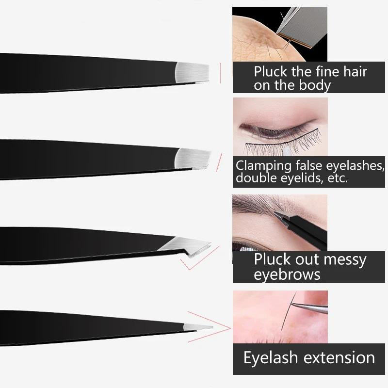 FelinWel - 4Pcs Set Stainless Steel Eyelash Tweezers Professional Eyebrow Hair Remove Supplies