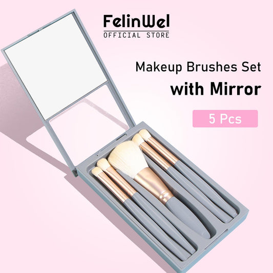 FelinWel - Makeup Brushes Set with Mirror, 5 Pcs Portable Small Makeup Brush