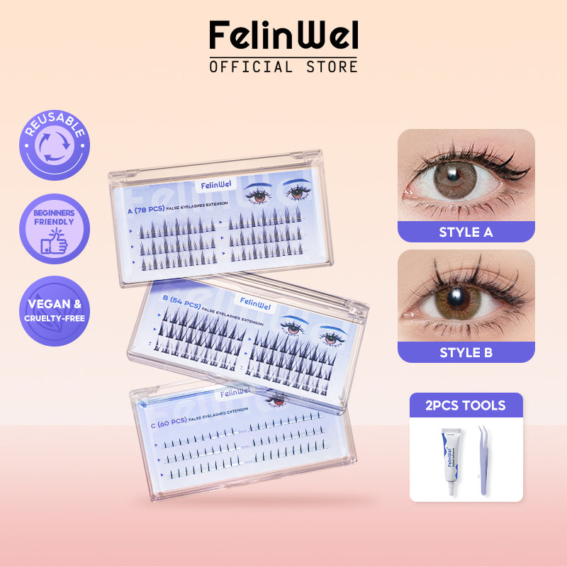 FelinWel False Cluster Eyelashes Extension with Glue & Lashes Extensions Kit