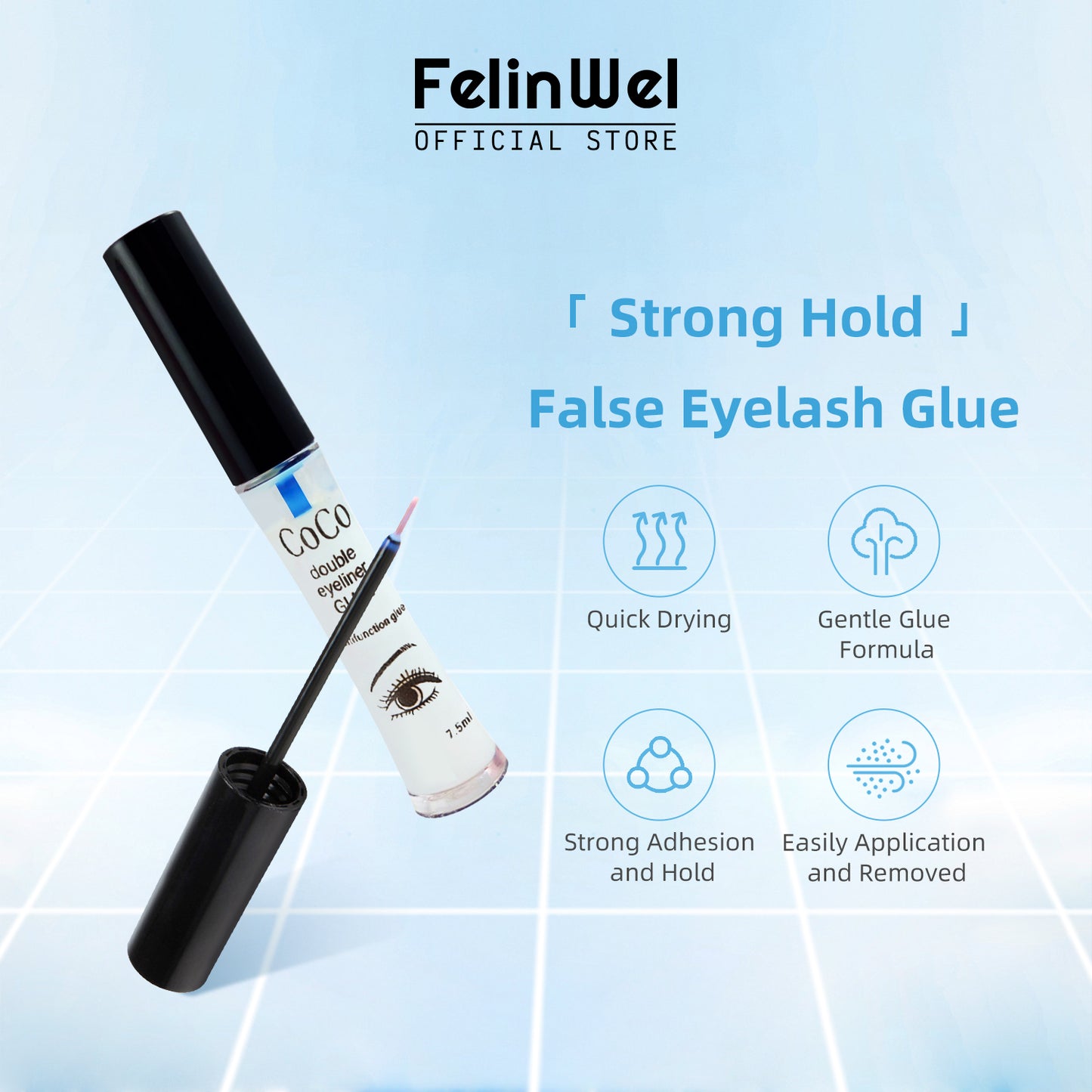 FelinWel - Strong Hold False Eyelash Glue with Brush Applicator for Strip Lash Cluster